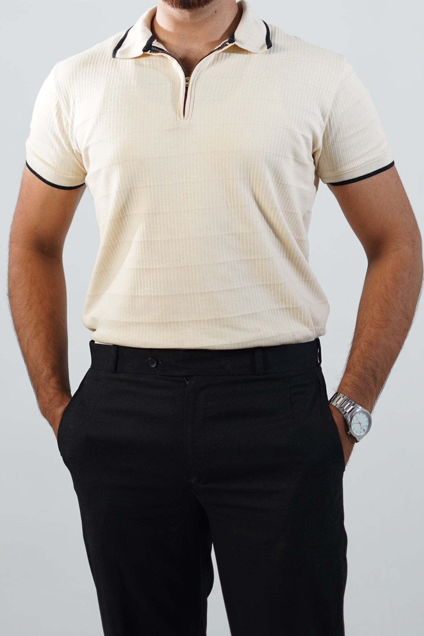 Cream Drop needle zip polo